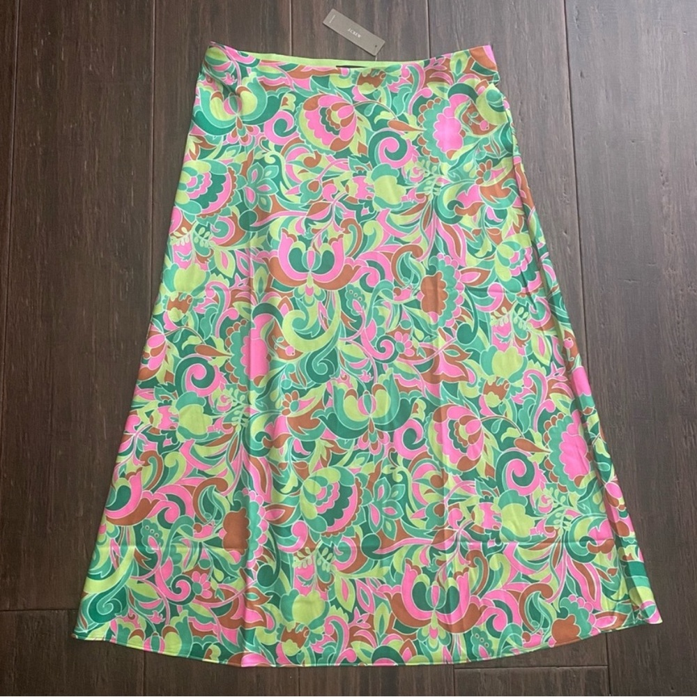 J. Crew Green and Pink A-Line Midi Skirt Resort Wear